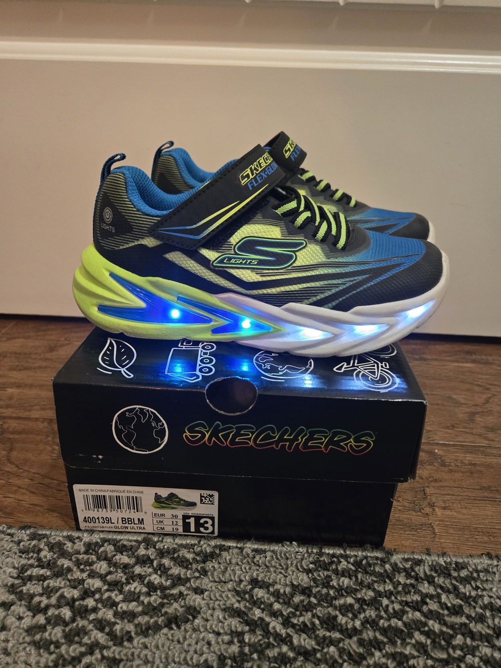 Skechers Kids Blue and Neon Green Light-Up Sneakers